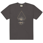 Camping under the stars design on a Graphite garment-dyed cotton t-shirt