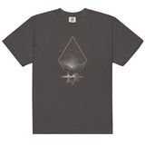 Camping under the stars design on a Graphite garment-dyed cotton t-shirt
