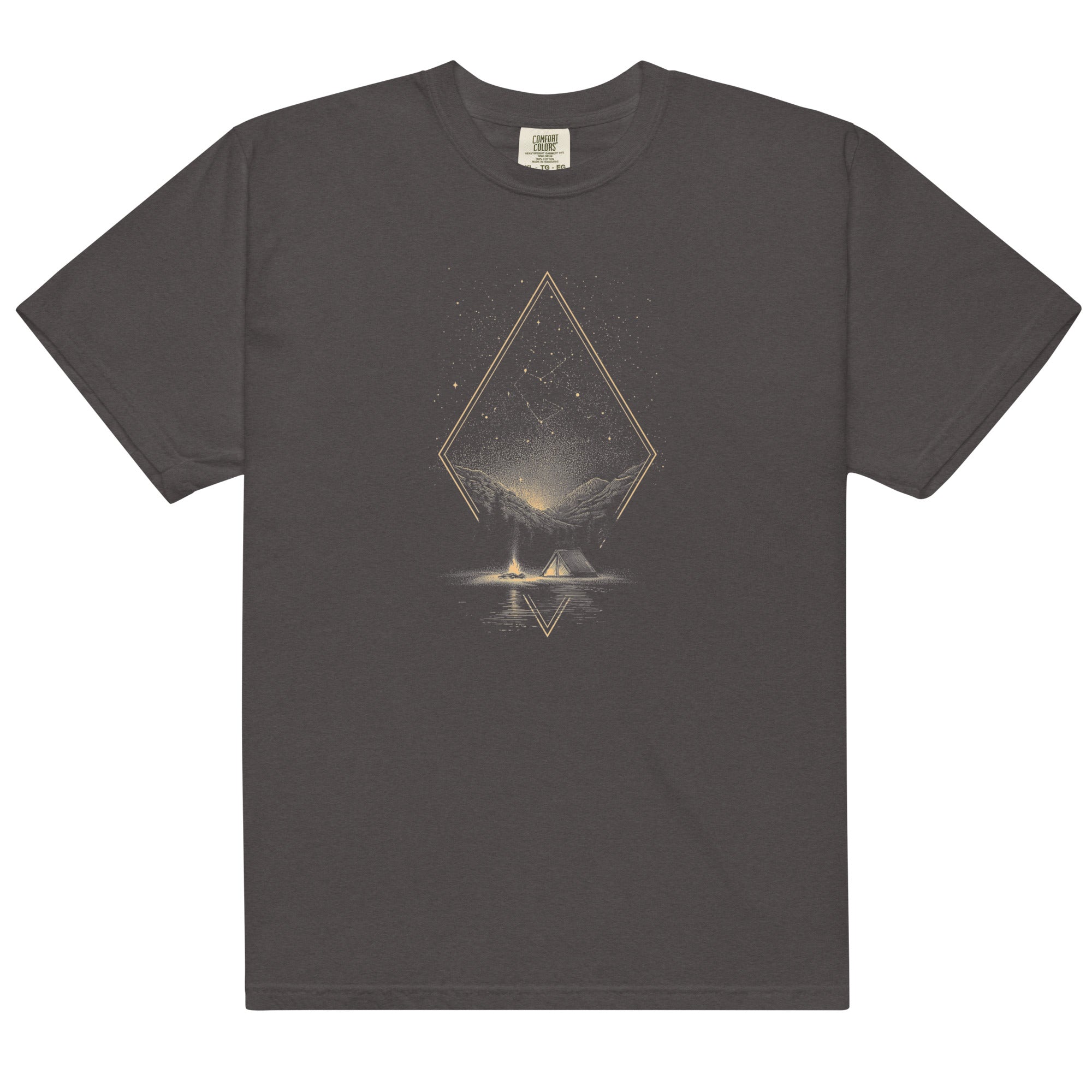 Camping under the stars design on a Graphite garment-dyed cotton t-shirt