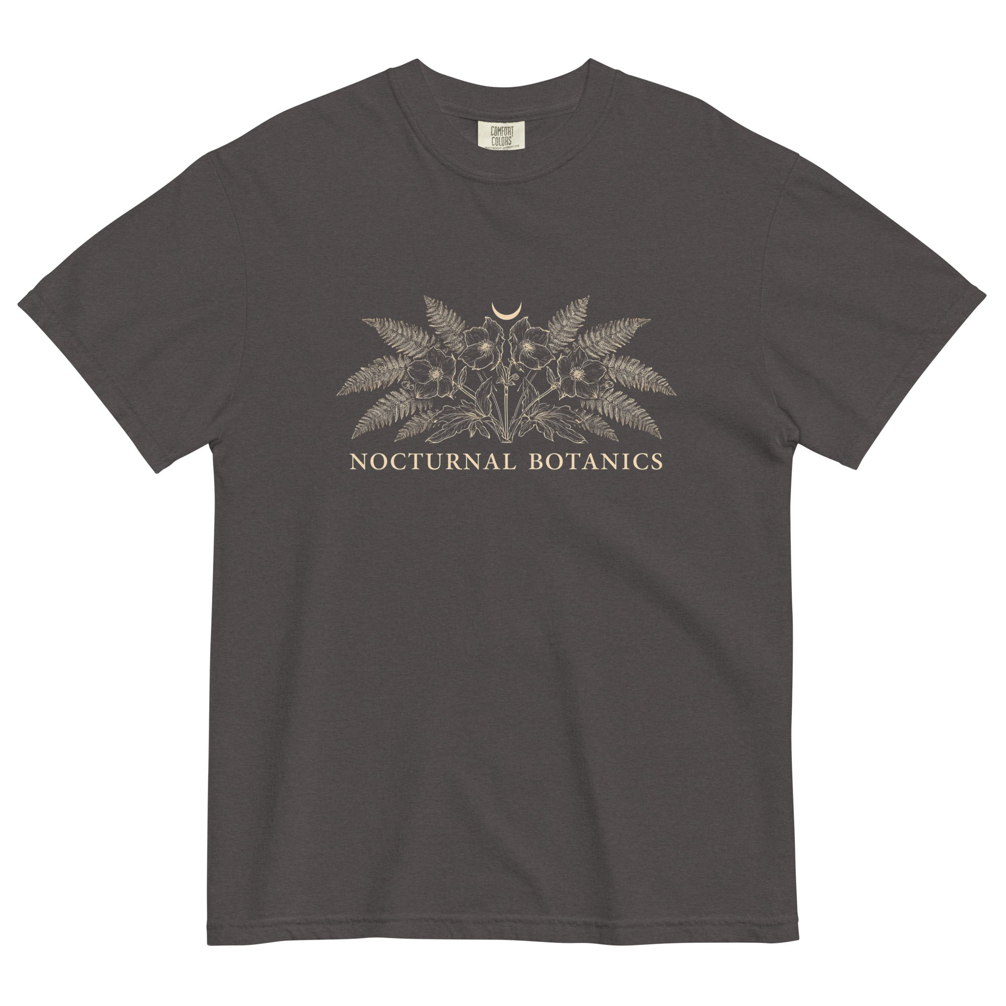 Nocturnal Botanics fern and flower design on a Graphite garment-dyed cotton t-shirt