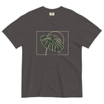 Monstera leaf design on a Graphite garment-dyed cotton t-shirt