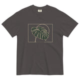 Monstera leaf design on a Graphite garment-dyed cotton t-shirt