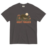 Hedgehog and mushrooms design on a Graphite garment-dyed cotton t-shirt