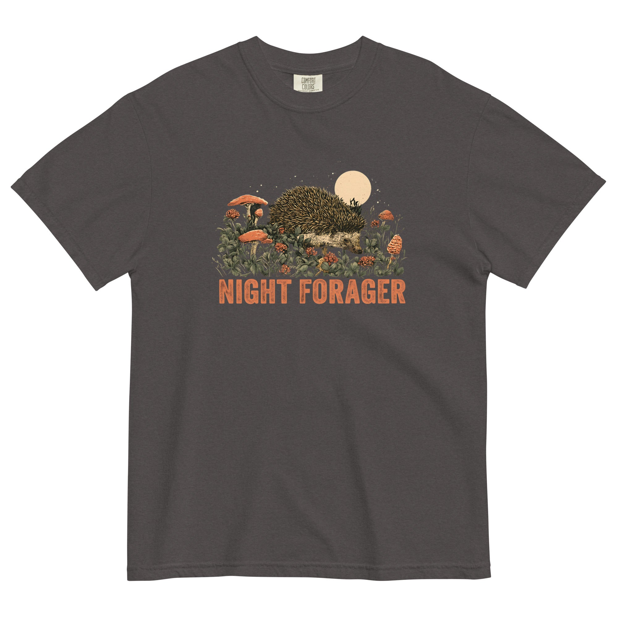Hedgehog and mushrooms design on a Graphite garment-dyed cotton t-shirt