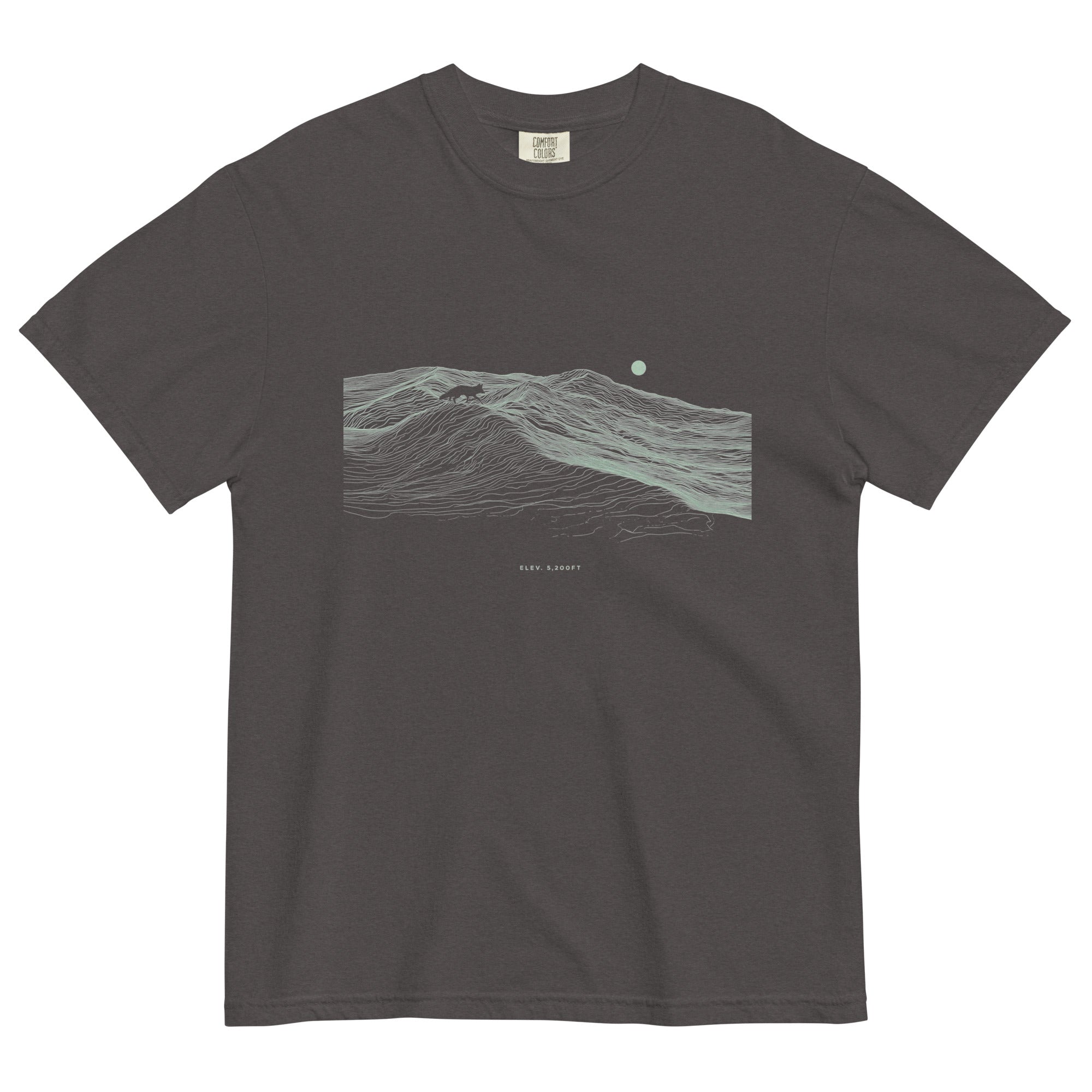 Fox on the ridge topographic design on a Graphite garment-dyed cotton t-shirt