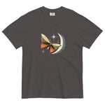 Butterfly and crescent moon design on a Graphite garment-dyed cotton t-shirt
