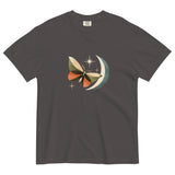 Butterfly and crescent moon design on a Graphite garment-dyed cotton t-shirt