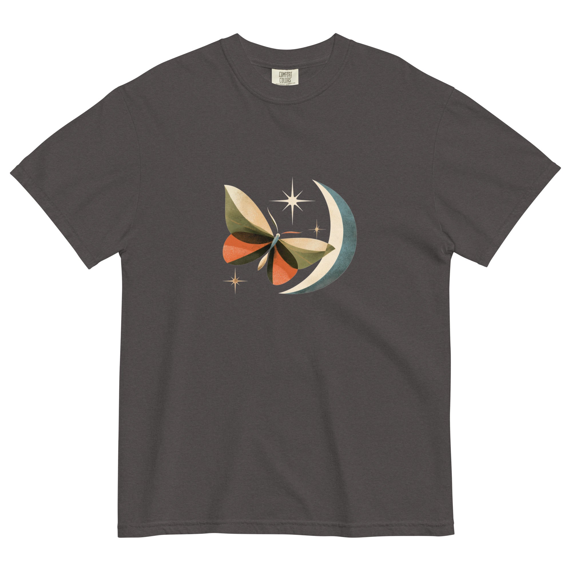 Butterfly and crescent moon design on a Graphite garment-dyed cotton t-shirt