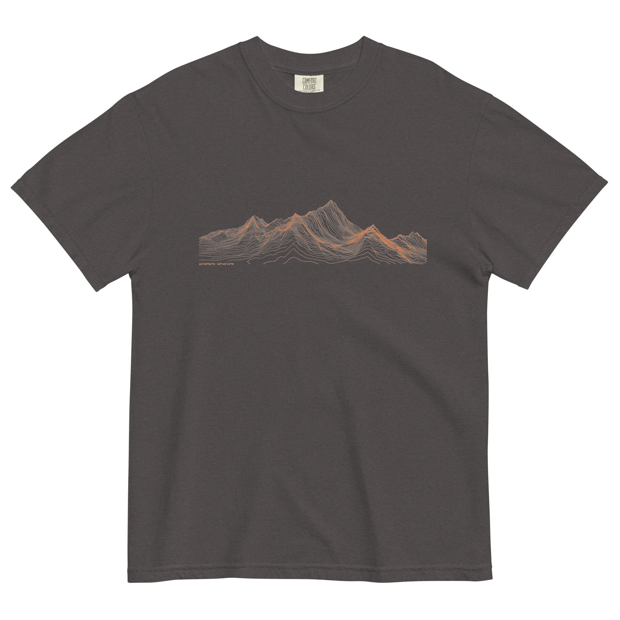 Mountain range topographic design on a Graphite garment-dyed cotton t-shirt