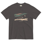 Fox and northern lights design on a Graphite garment-dyed cotton t-shirt