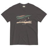 Fox and northern lights design on a Graphite garment-dyed cotton t-shirt