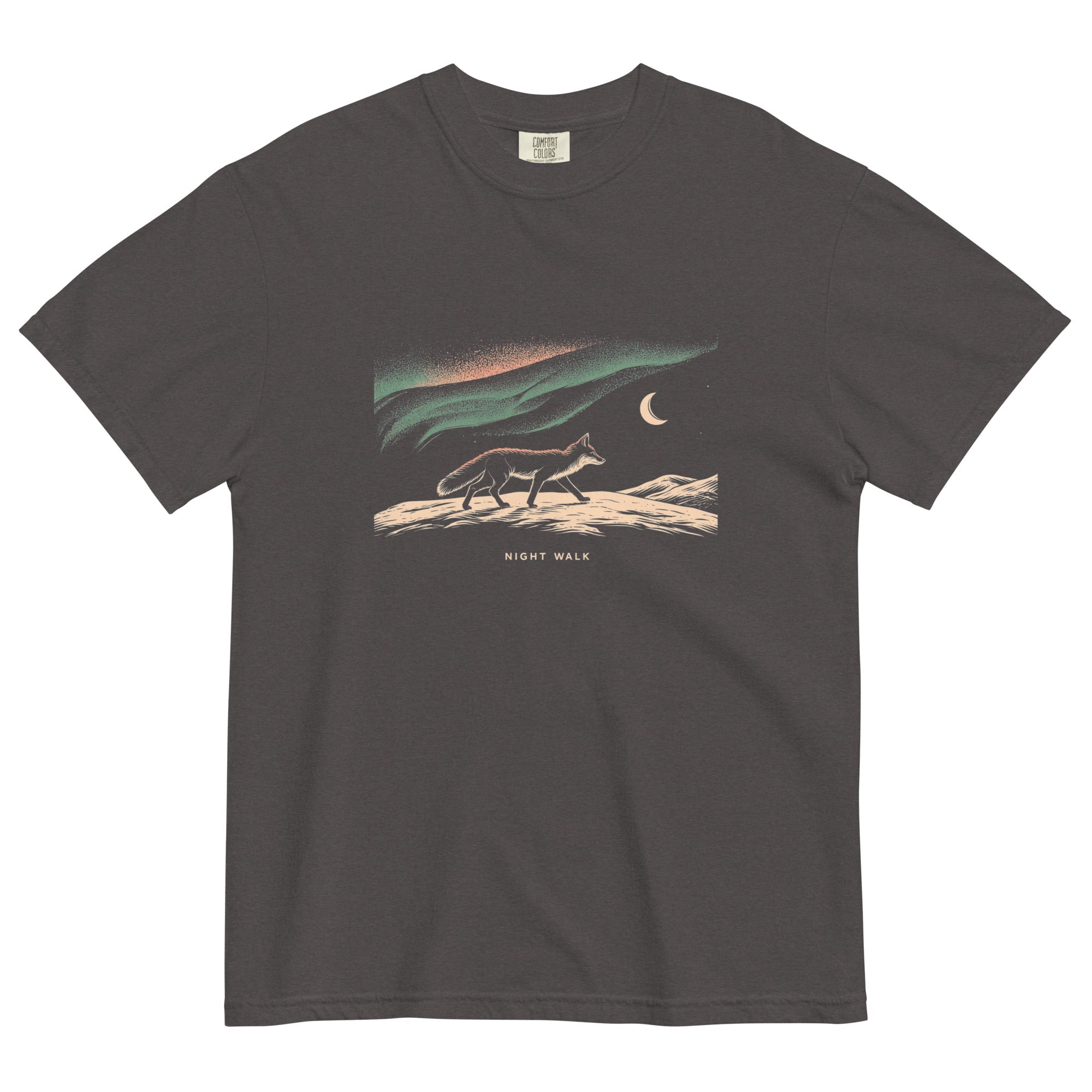 Fox and northern lights design on a Graphite garment-dyed cotton t-shirt