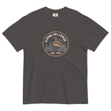 Alpine ski lodge gondola badge design on a Graphite garment-dyed cotton t-shirt