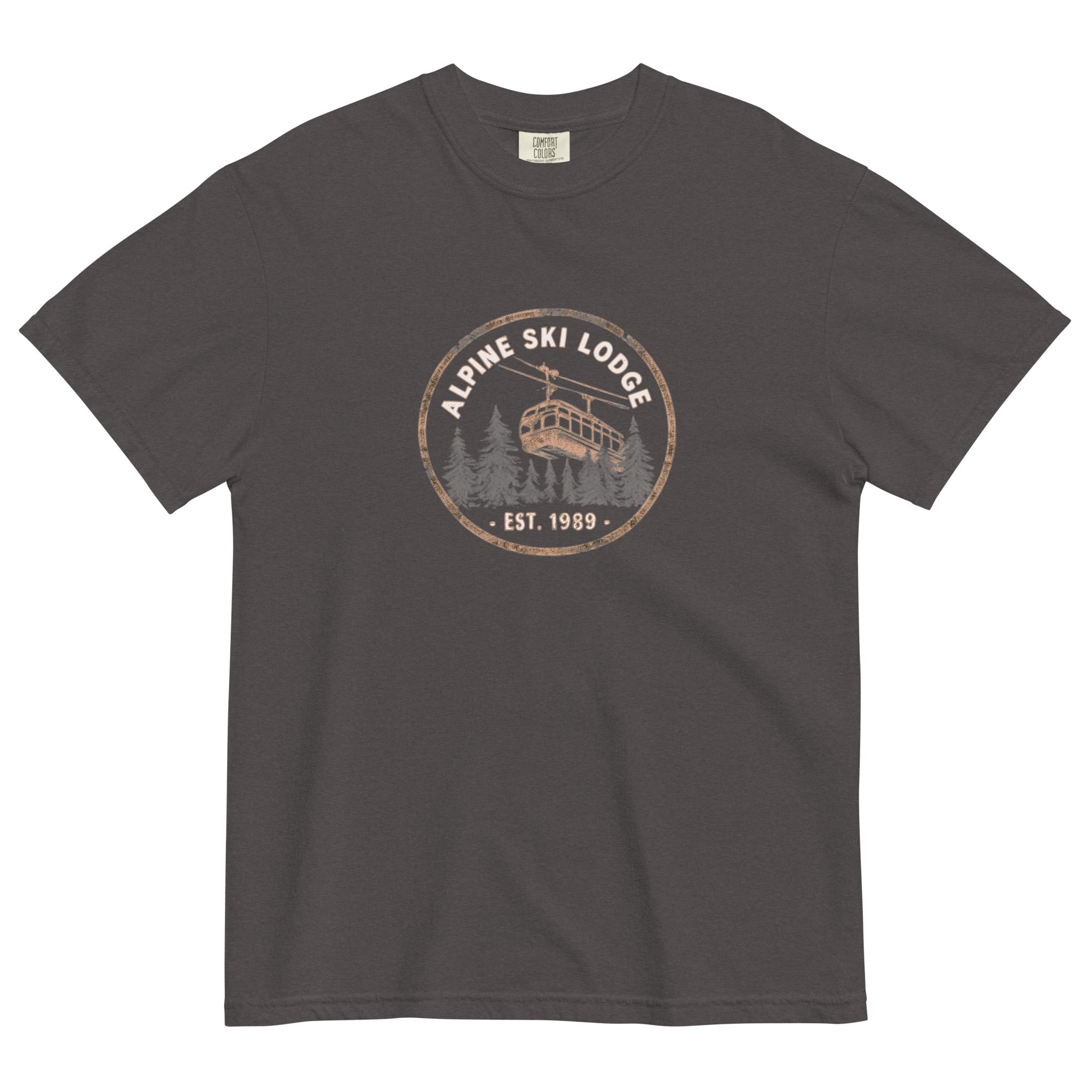 Alpine ski lodge gondola badge design on a Graphite garment-dyed cotton t-shirt