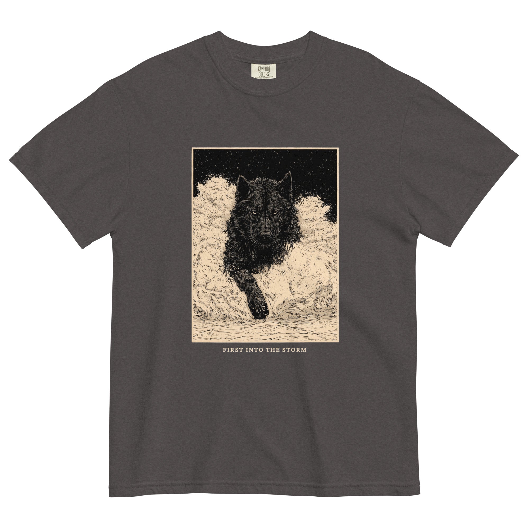 Black wolf in deep snow design on a Graphite garment-dyed cotton t-shirt