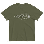 Mountain sunrise line design on a Hemp garment-dyed cotton t-shirt