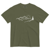 Mountain sunrise line design on a Hemp garment-dyed cotton t-shirt