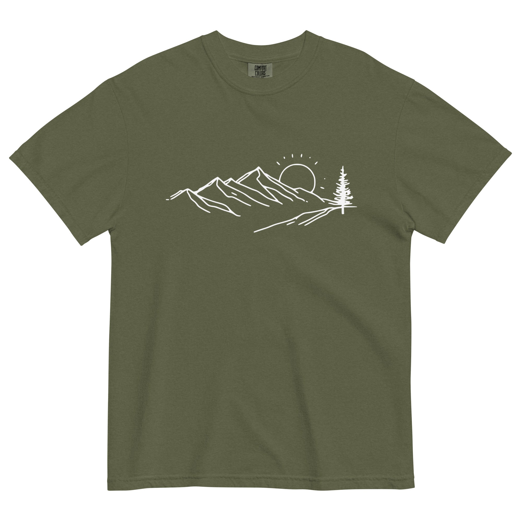 Mountain sunrise line design on a Hemp garment-dyed cotton t-shirt