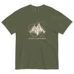 Mountain peaks and orbital rings design on a Hemp garment-dyed cotton t-shirt