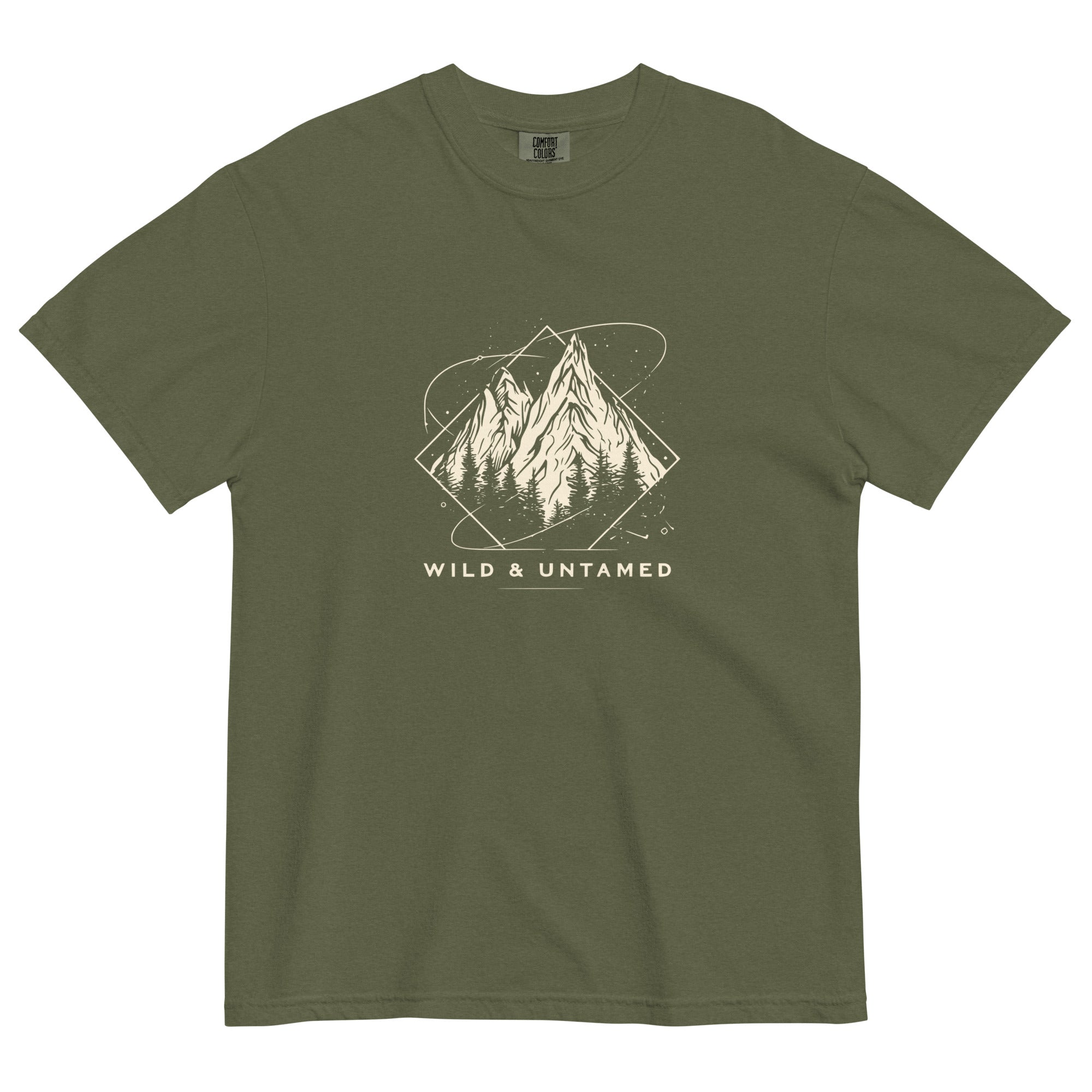 Mountain peaks and orbital rings design on a Hemp garment-dyed cotton t-shirt