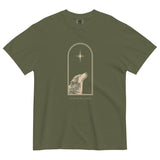 Wolf and star design on a Hemp garment-dyed cotton t-shirt
