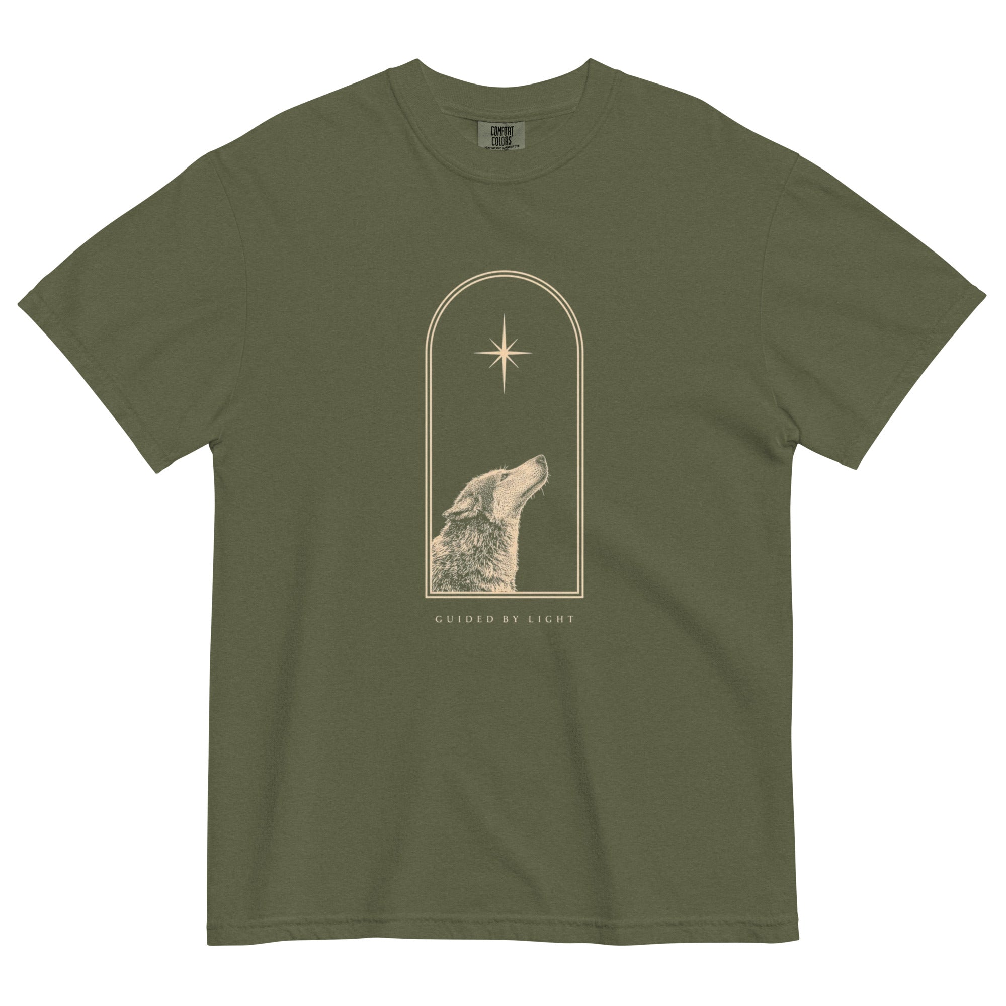 Wolf and star design on a Hemp garment-dyed cotton t-shirt