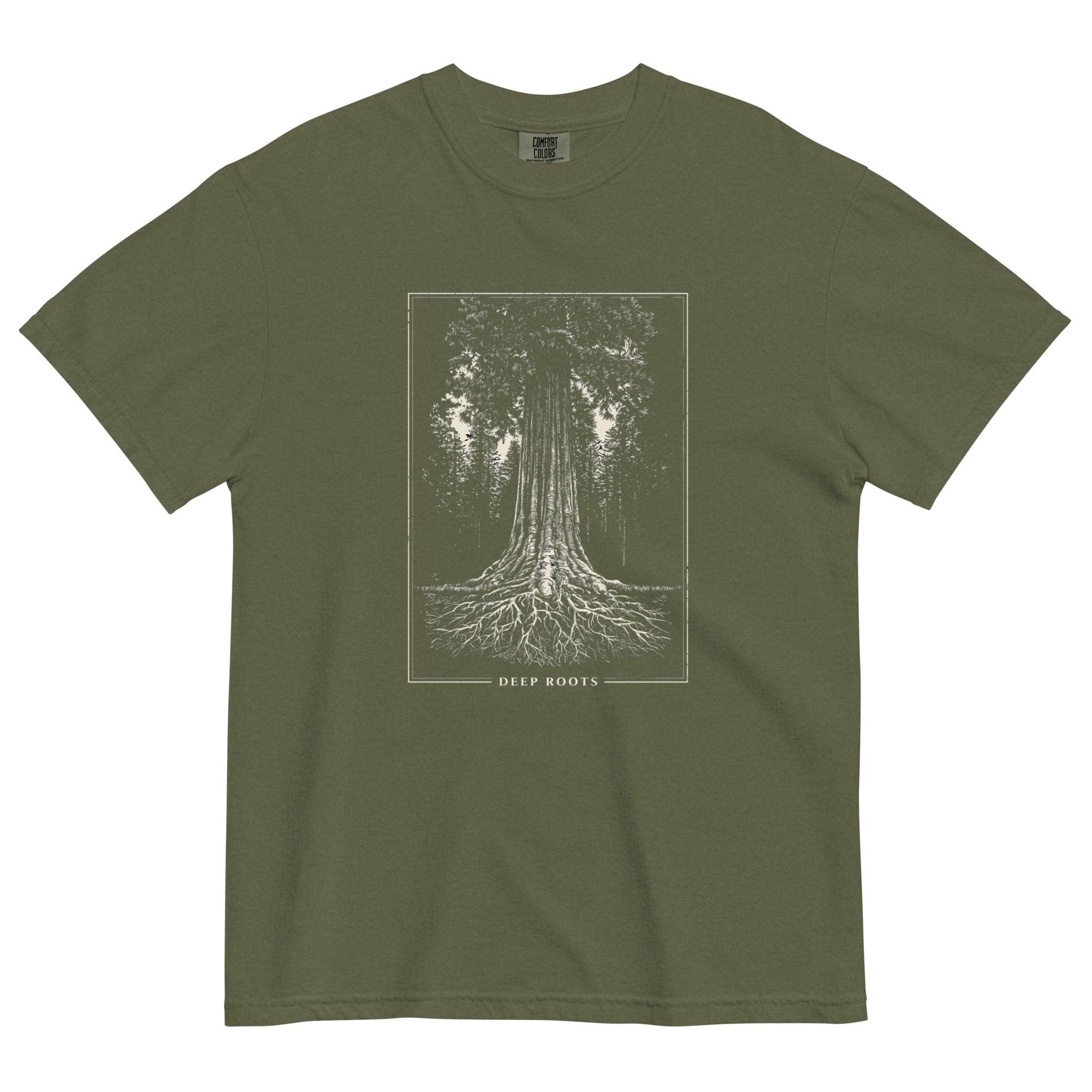 Redwood tree and roots design on a Hemp garment-dyed cotton t-shirt