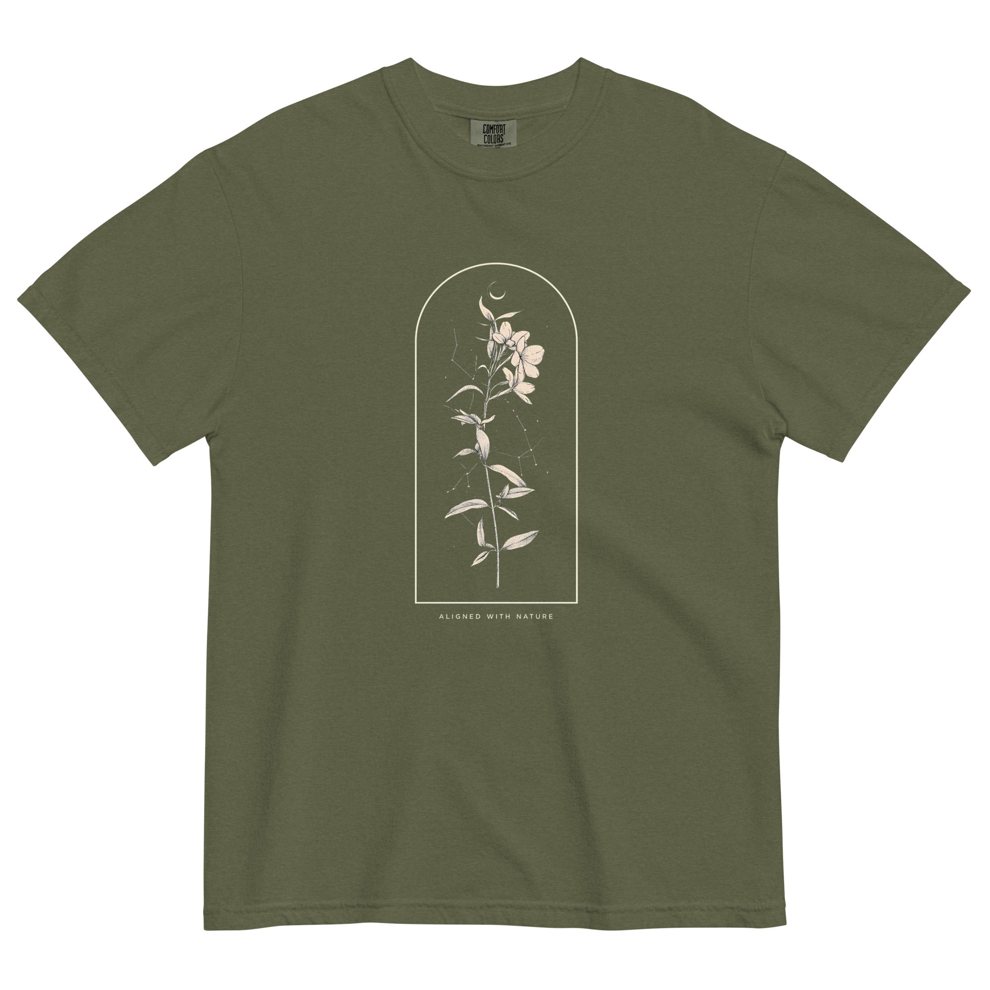 Wildflower and constellation design on a Hemp garment-dyed cotton t-shirt
