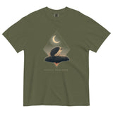 Hedgehog and crescent moon design on a Hemp garment-dyed cotton t-shirt