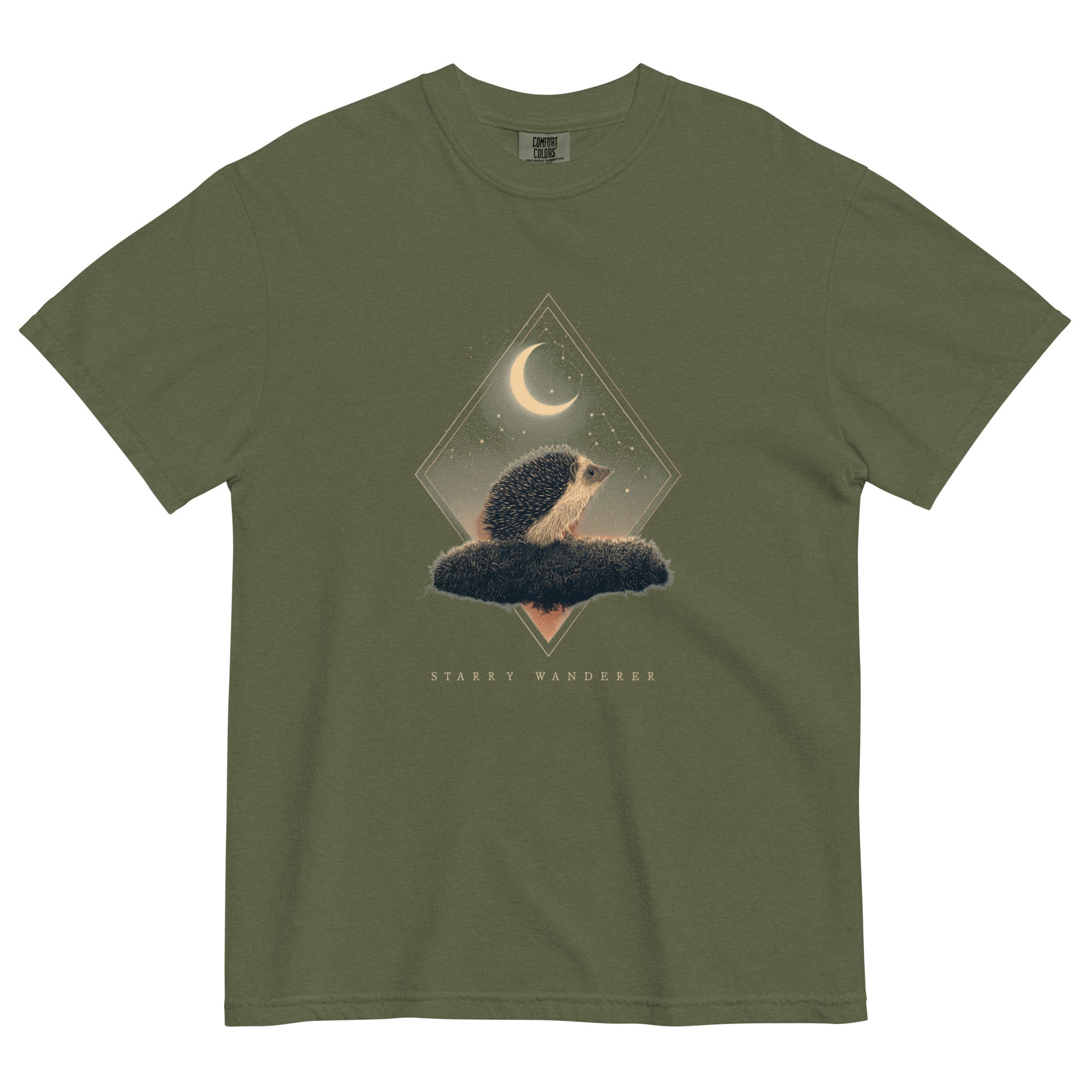 Hedgehog and crescent moon design on a Hemp garment-dyed cotton t-shirt