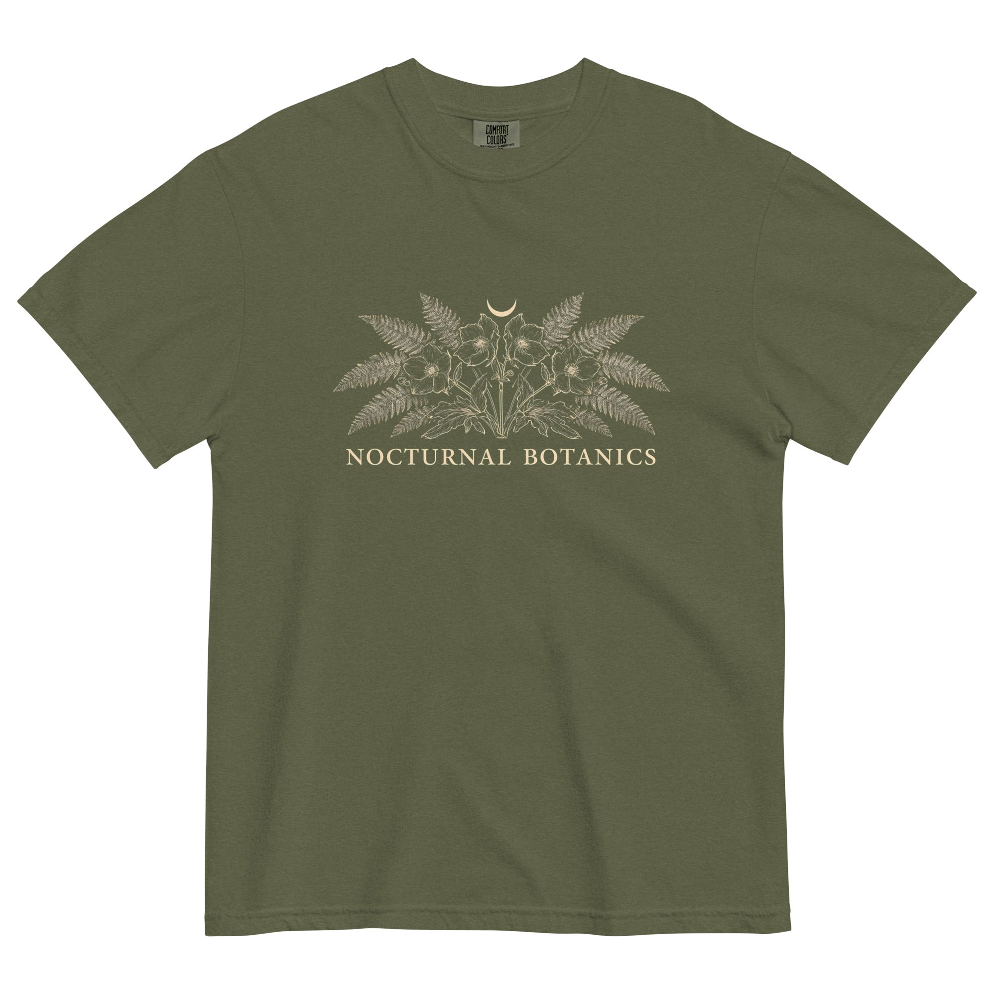 Nocturnal Botanics fern and flower design on a Hemp garment-dyed cotton t-shirt