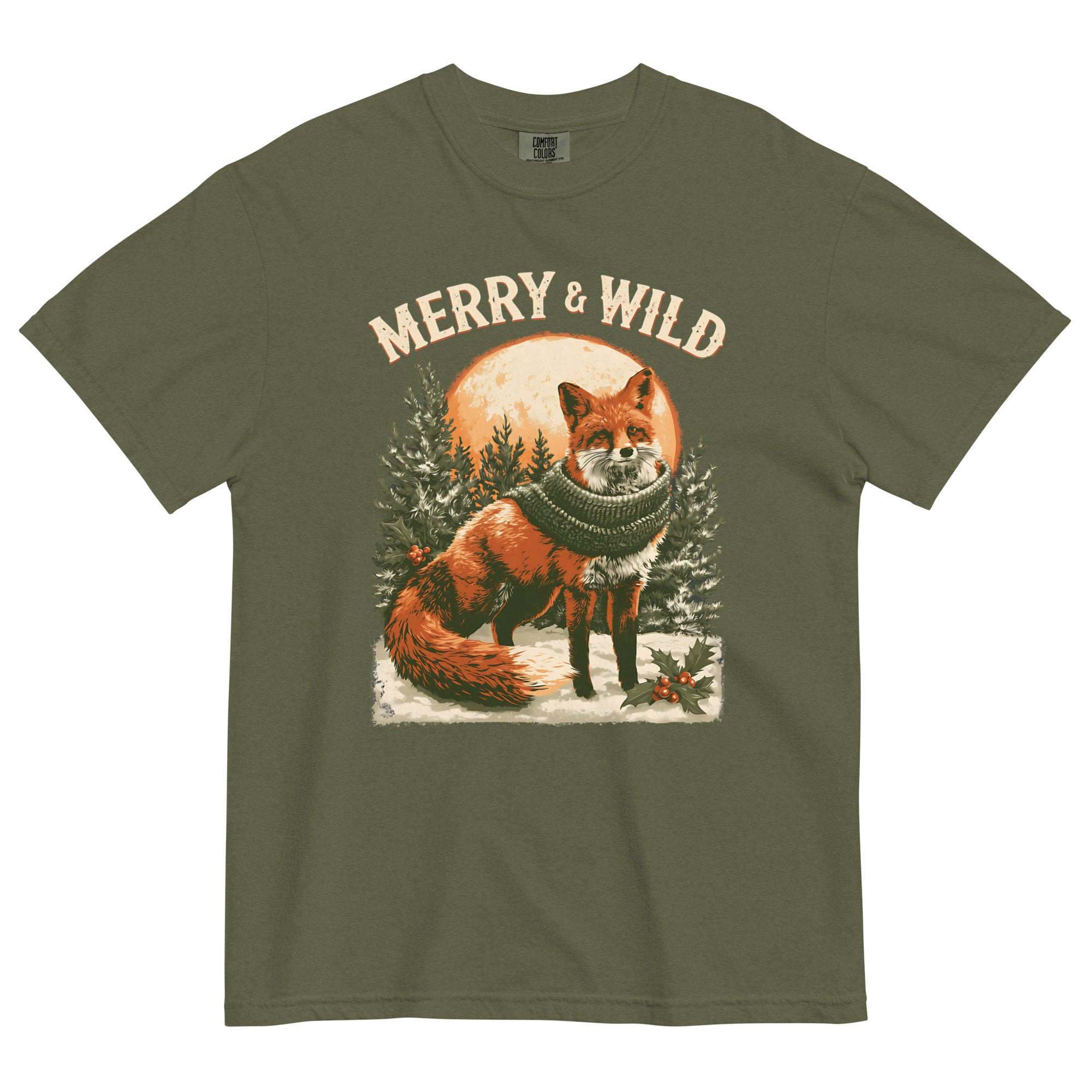 Fox in scarf Christmas design on a Hemp garment-dyed cotton t-shirt