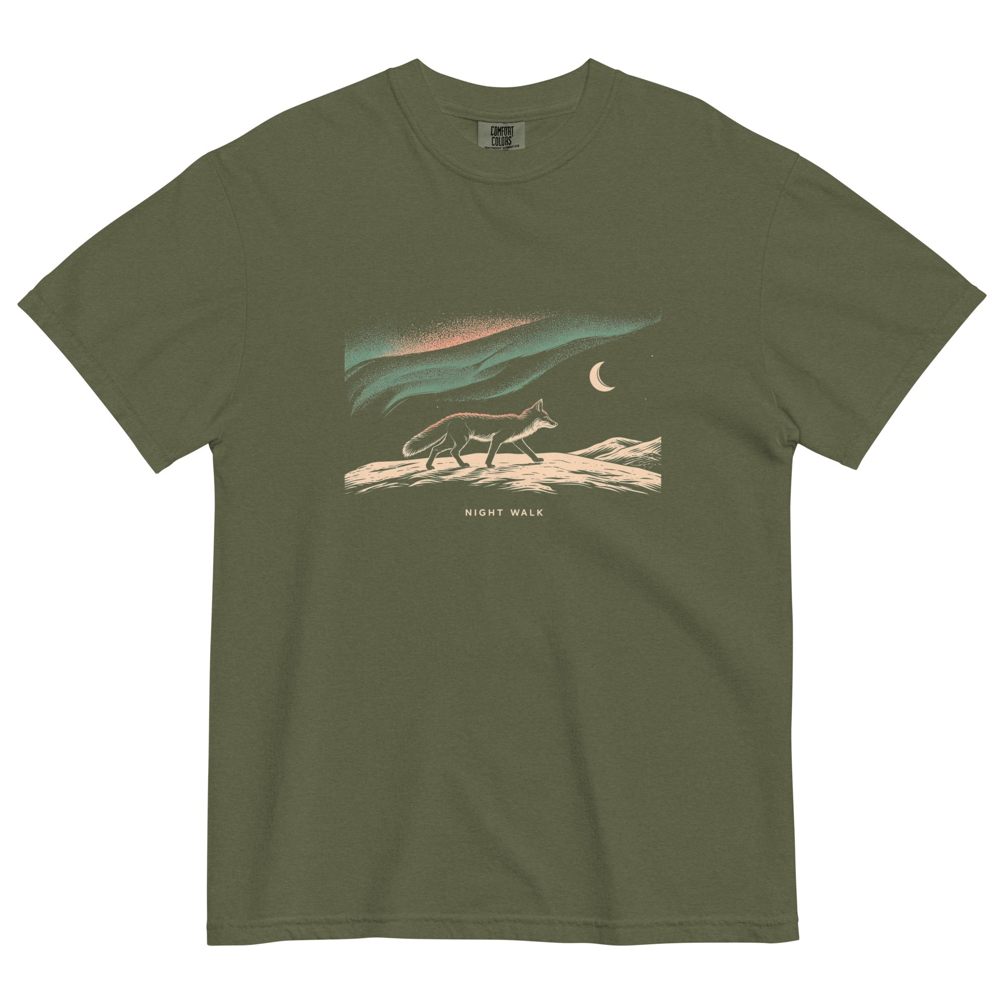 Fox and northern lights design on a Hemp garment-dyed cotton t-shirt