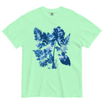 Fern and leaf cyanotype design on an Island Reef garment-dyed cotton t-shirt