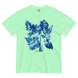 Fern and leaf cyanotype design on an Island Reef garment-dyed cotton t-shirt
