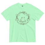 Frog in a holly wreath design on an Island Reef garment-dyed cotton t-shirt