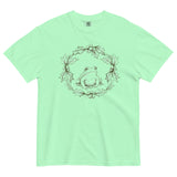 Frog in a holly wreath design on an Island Reef garment-dyed cotton t-shirt