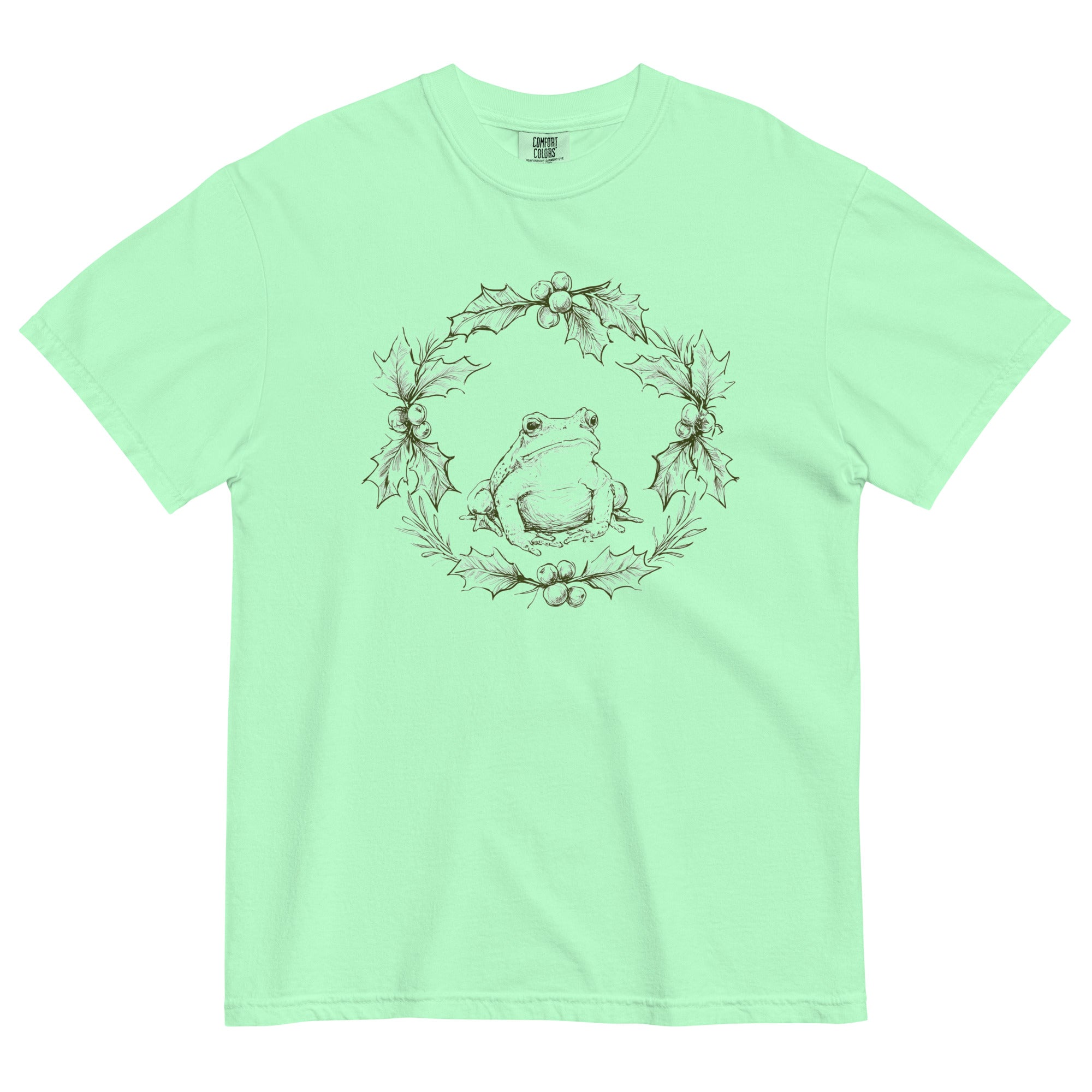 Frog in a holly wreath design on an Island Reef garment-dyed cotton t-shirt