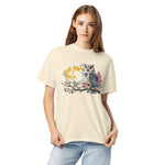 Great horned owl and autumn moon design on an Ivory garment-dyed cotton t-shirt