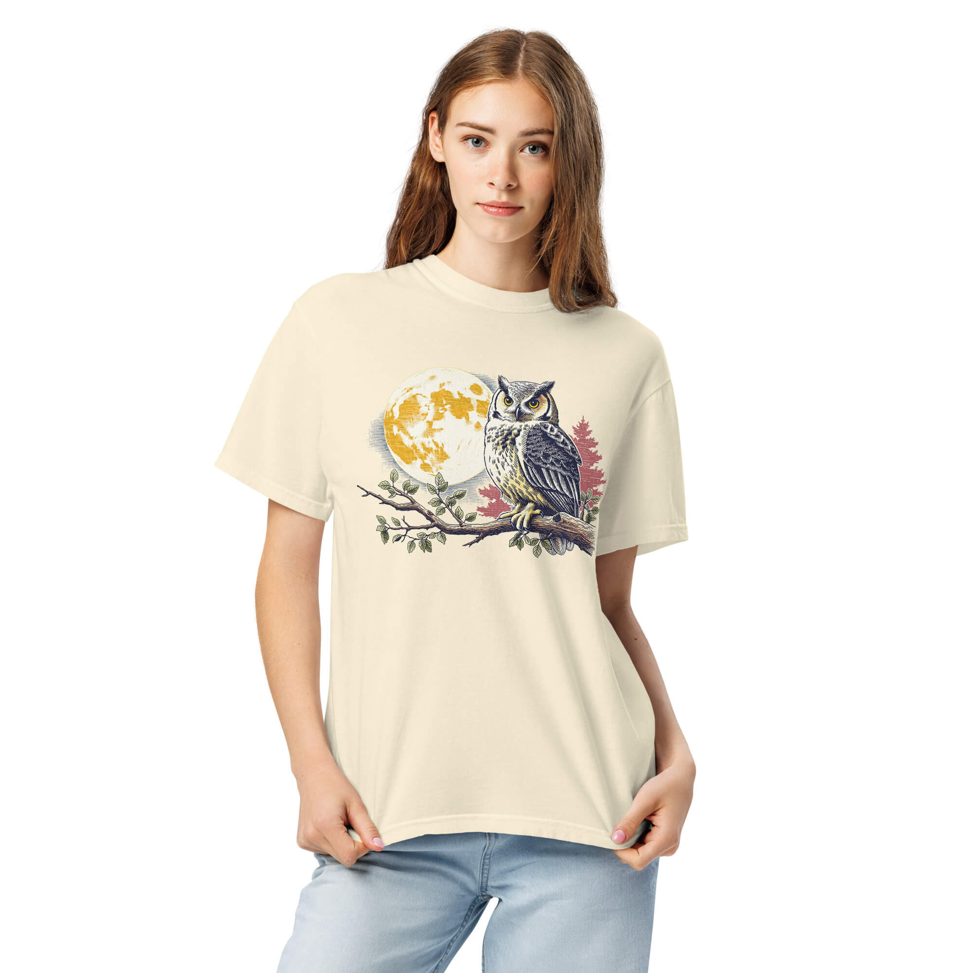 Great horned owl and autumn moon design on an Ivory garment-dyed cotton t-shirt