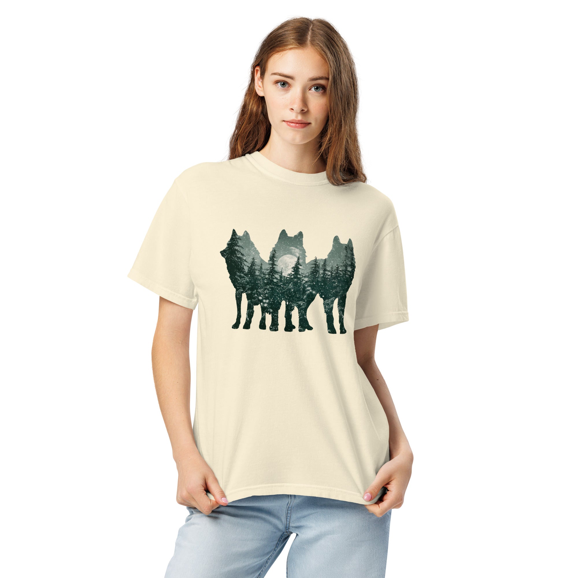 Wolf silhouettes and moonlit forest design on an Ivory garment-dyed cotton t-shirt