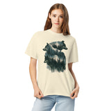 Wolf portraits and misty forest design on an Ivory garment-dyed cotton t-shirt