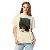 Black bear by a winter campfire design on an Ivory garment-dyed cotton t-shirt