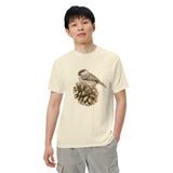 Sparrow on a pine cone design on an Ivory garment-dyed cotton t-shirt