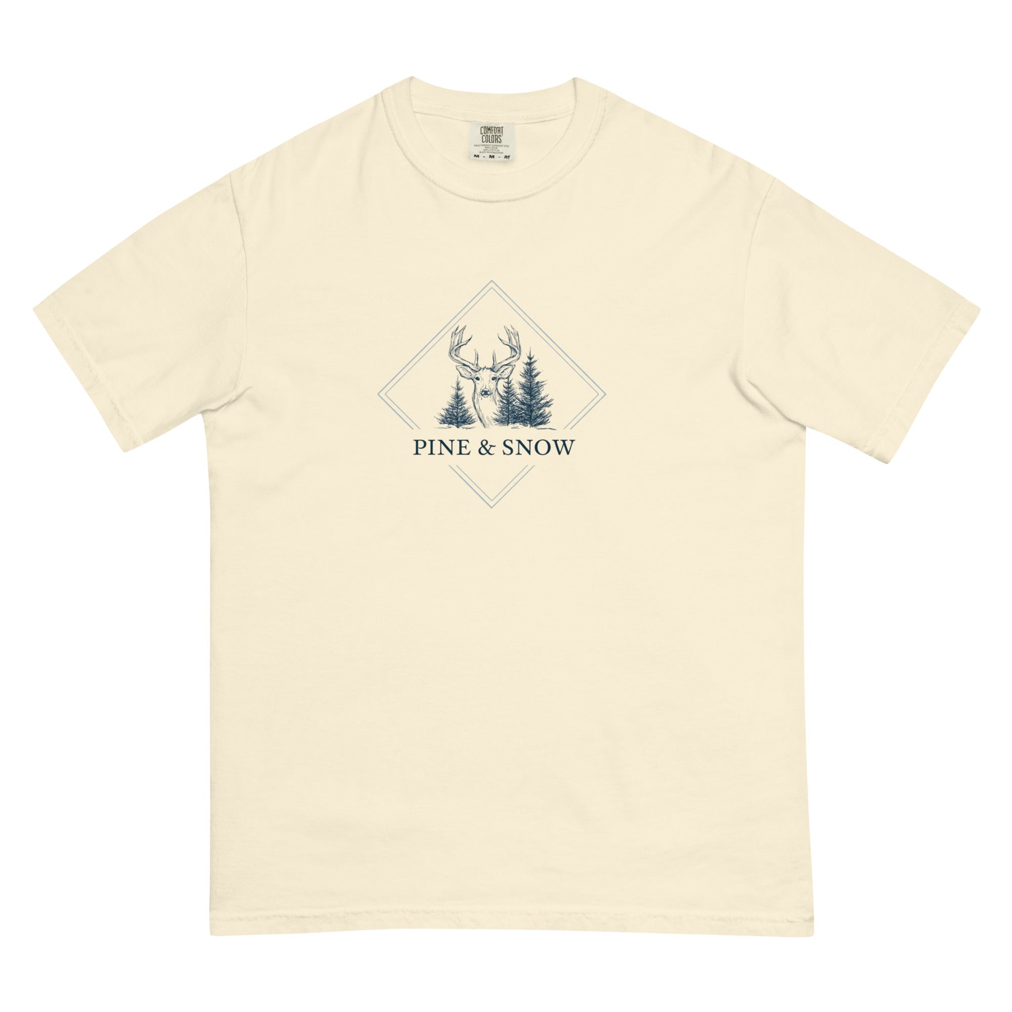 Deer and winter forest design on an Ivory garment-dyed cotton t-shirt