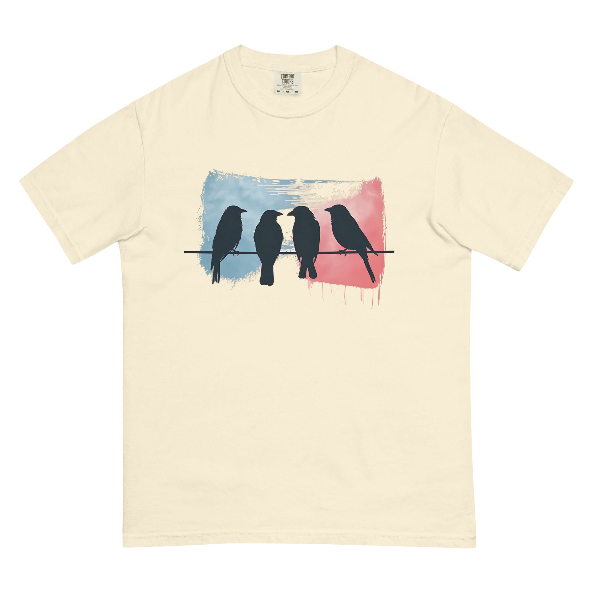 Birds on a wire design on an Ivory garment-dyed cotton t-shirt