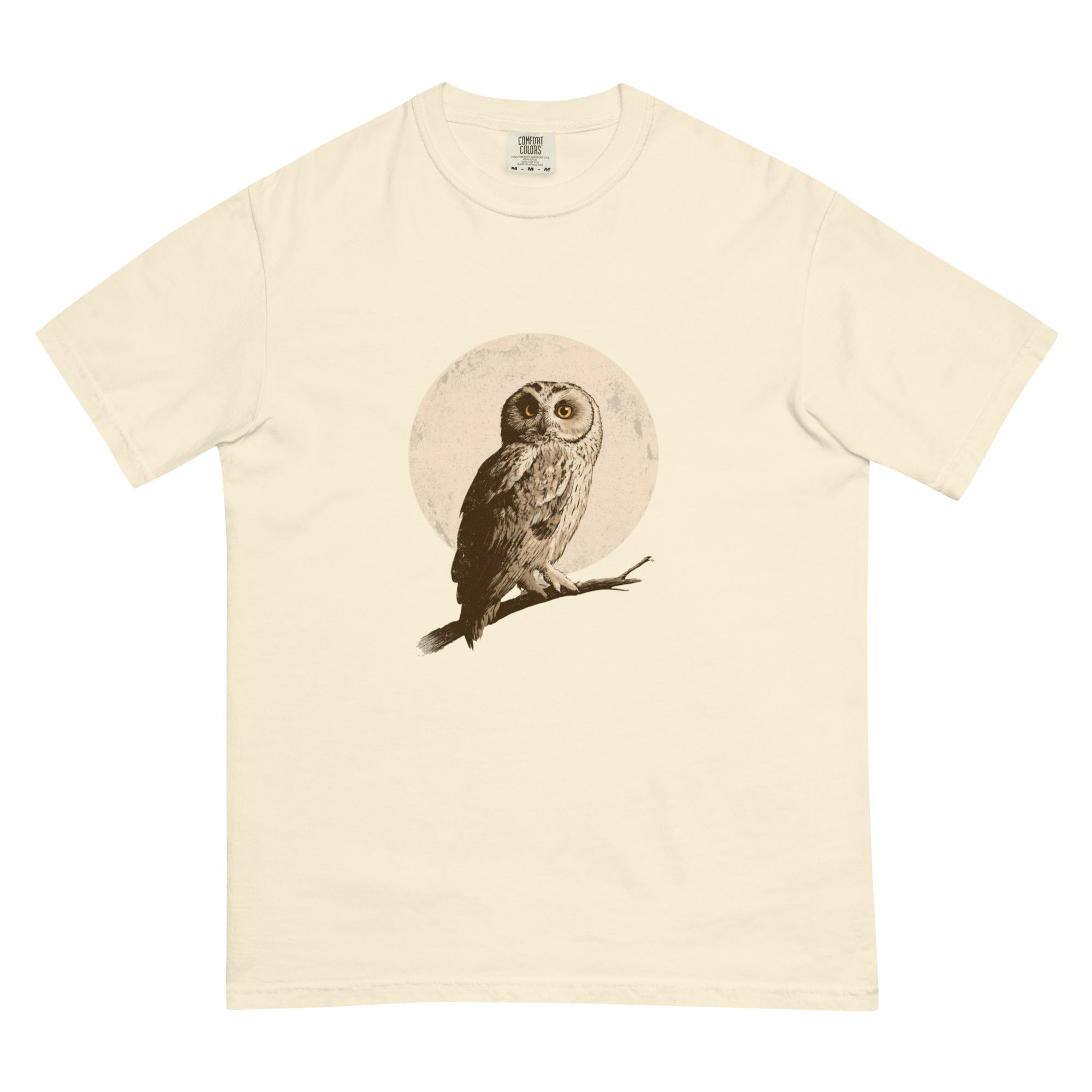 Owl and full moon design on an Ivory garment-dyed cotton t-shirt