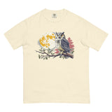 Great horned owl and autumn moon design on an Ivory garment-dyed cotton t-shirt