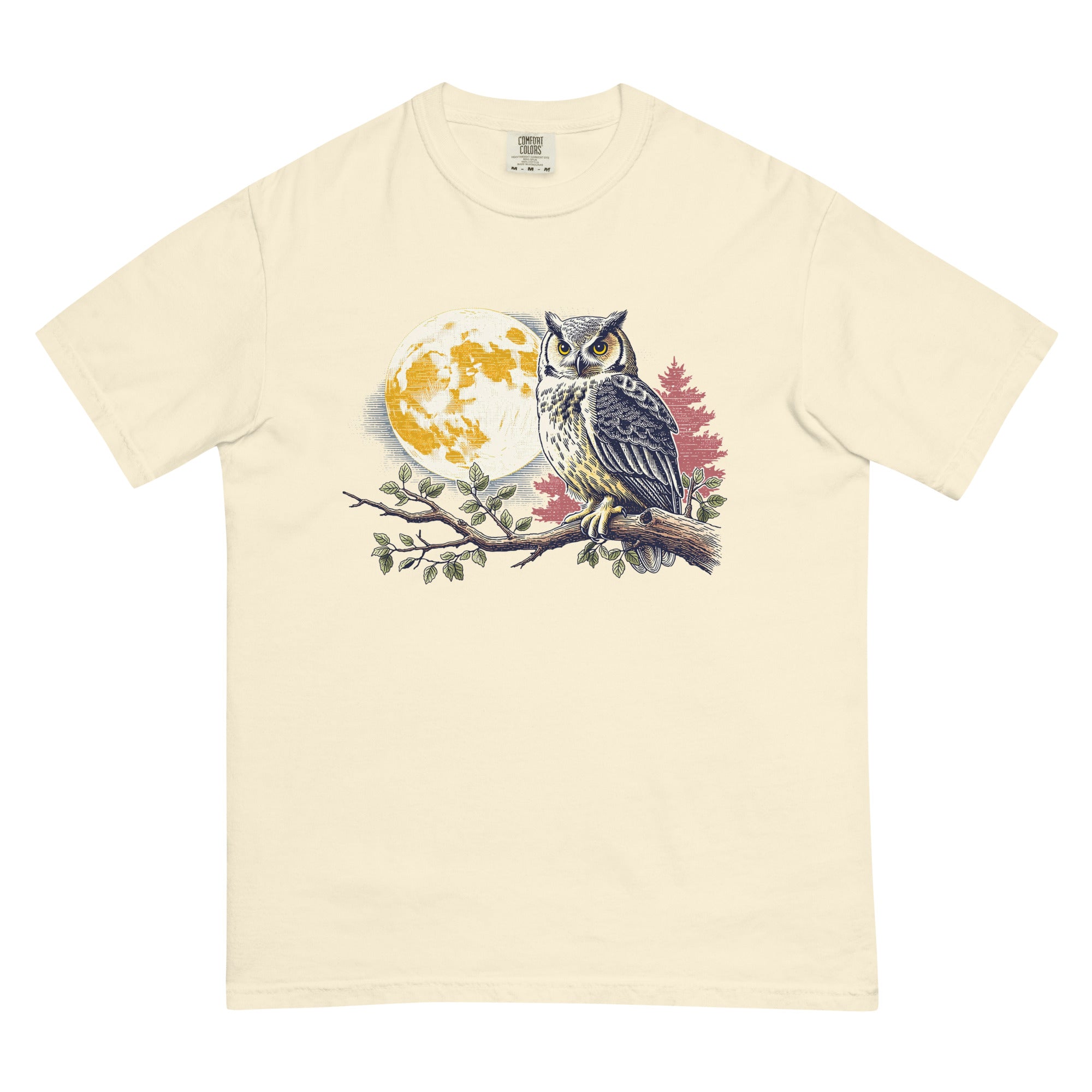 Great horned owl and autumn moon design on an Ivory garment-dyed cotton t-shirt