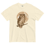 Great horned owl and moon design on an Ivory garment-dyed cotton t-shirt